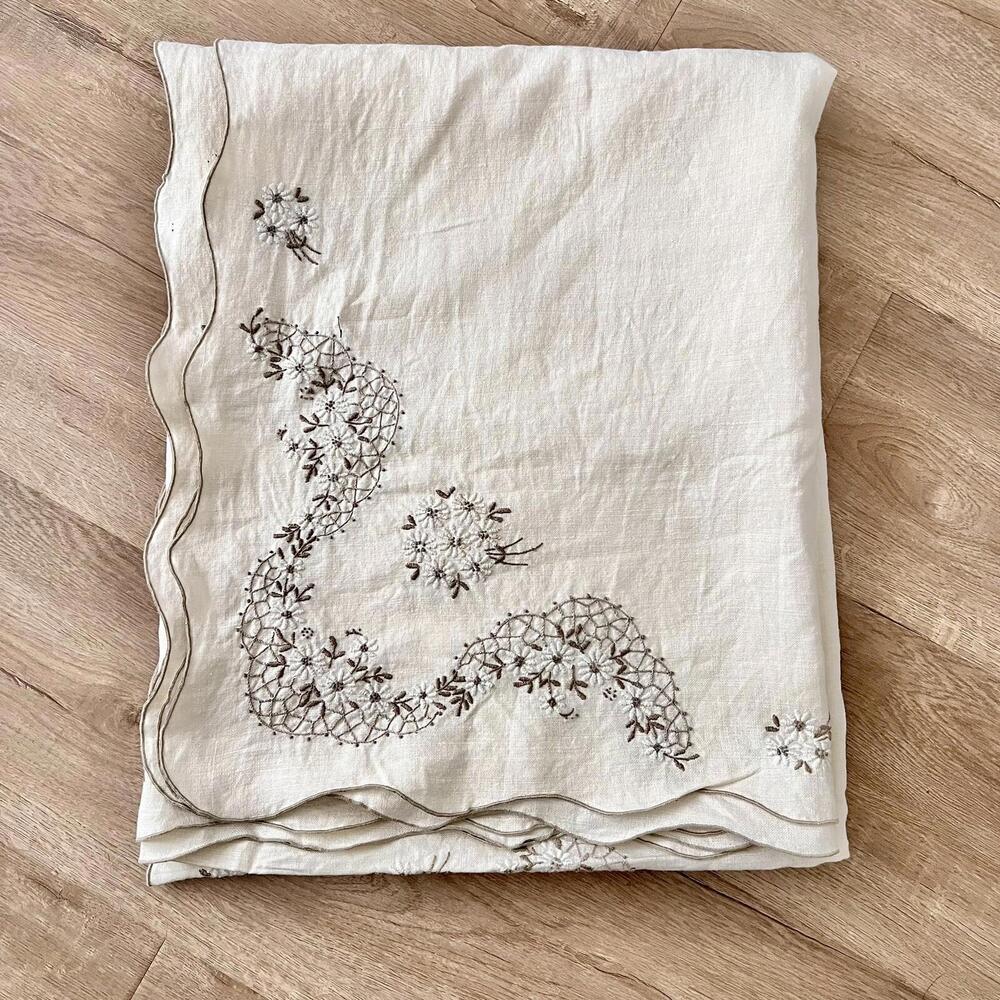 Vintage Embroidered Daisy Linen Banquet Tablecloth Table Cover  65’ X 82” Mint